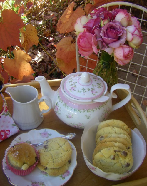 Afternoon tea with baked chocolate chip cookies