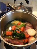 Chicken and vegetables in the stock pot ready for boiling